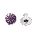 Detail view of silver checkerboard clip-on earrings with colorful geometric patterns - Four-Color Radial Geometric