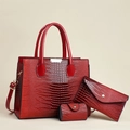 Red 3-piece set lizard pattern tote bag with crossbody purse and small round pouch - Red