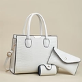 White 3-piece lizard pattern tote bag set with envelope clutch and small round pouch - White