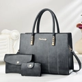 Schwarzes dreiteiliges Shopper-Set mit passender Clutch und Geldbörse aus Kunstleder - Grau