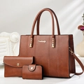 Three-piece brown pebbled leather tote bag set including handbag, clutch and card holder - Three-Piece Set / Khaki/Earth Yellow