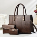 Three-piece retro brown leather tote bag set with textured finish and golden logo - Coffee