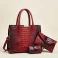 Three-piece burgundy crocodile pattern tote bag set with gradient finish and gold hardware - Red