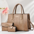 Close-up of three-piece brown stone pattern tote set with gold metal logo and textures - Khaki / Three-Piece Set