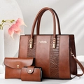 Three-piece brown tote bag set with crocodile embossed texture and gold hardware - Earthy Yellow / Three-Piece Set