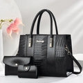 Black crocodile embossed 3-piece tote bag set with gold hardware and ostrich texture - Black