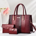 3-piece burgundy tote bag set with crocodile texture and gold hardware accessories - Wine Red