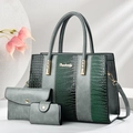 Three-piece grey-green crocodile embossed tote bag set with high-capacity shoulder straps - Green