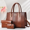 Three-piece brown faux crocodile leather tote bag set with matching wallet and card holder - Earthy Yellow