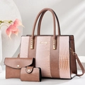 Three-piece mauve crocodile pattern handbag set with crossbody strap and gold metal hardware - Pink