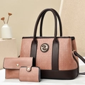 Three-piece embossed leather handbag set in pink and brown with gold ring logo - Pink