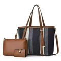 Three-piece women canvas tote bag set with color block stripes and brown leather handles - Black / 31x13x26cm