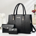 Three-piece black PU leather tote bag set with golden hardware and vertical stitching - Black
