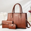 Three-piece brown faux leather handbag set with tote, wallet and card holder - Earthy Yellow