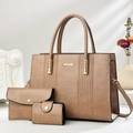 Detailed view of camel faux leather 3-piece bag set with tote, clutch and card holder - Khaki