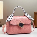 Pink faux crocodile leather shoulder bag with polka dot scarf and golden buckle detail - 22cm x 10cm x 16cm / Pink
