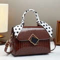 Brown crocodile pattern shoulder bag with gold geometric buckle and polka dot silk scarf - 22cm x 10cm x 16cm / Coffee