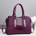 Fashionable purple crocodile embossed tote bag with gold hardware and shoulder strap - Purple