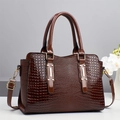 Chic dark brown crocodile embossed leather tote bag with gold hardware and shoulder strap - Coffee
