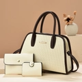 Set di 3 borse patchwork beige e marrone con trama a righe alla moda e finiture dorate di lusso - Bianco Sporco