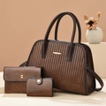 Deep brown 3-piece bag set with striped embossing, tote bag and matching wallets - Coffee