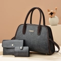 Detailed set of brown and grey geometric tote bag with matching wallet and card holder - Gray
