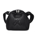 Stylish black Oxford cloth shell bag with sequined bear patch and wide jacquard strap - Oxford Style / Black