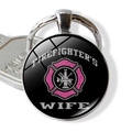 Silver Firefighter's Wife glass pendant keychain with pink Maltese cross emblem - Firefighter Wife Style (JY005136-8)