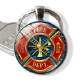 Silver Fire Dept keychain with red medal logo and glass dome charm for firefighters - Fire Dept Medal Style (JY005136-7)
