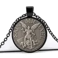 Detailed relief of Saint Michael conquering demon on black alloy religious pendant - St. Michael Defeating Demon Black Outer Ring (JY005095-2)