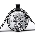 Macro detail of Archangel St. Michael embossed silver medallion on black metal chain - St. Michael with Spear Silver Center (JY005095-3)