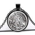 Pendentif rond Archange Saint Michel en argent avec collier de chaîne noire - Saint Michel Relief Argent Centré (JY005095-7)