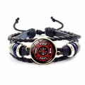 Detail of multi-layer leather firefighter bracelet with red Fire Dept glass cabochon - Red Black Logo Style (JY005115-4)