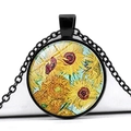 Detail eines runden Van-Gogh-Sonnenblumen-Anhängers mit schwarzem Rahmen und Glaskuppel - Ölgemälde Sonnenblumenstil (JY005164-2)