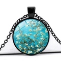 Vintage Van Gogh Mandelblüte Glaskuppel-Anhänger mit einer schwarzen Gliederkette - Vintage Mandelblütenstil (JY005164-4)