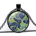 Close-up of vintage black round pendant necklace featuring Van Gogh Irises art print - Purple Irises Style (JY005164-6)