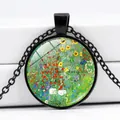Artistic round pendant necklace featuring colorful sunflower artwork on a black metal chain - Rich Floral Art Style (JY005164-9)