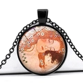 Detail of round Van Gogh style glass pendant on a black metal link chain necklace - Mother and Child Art Style (JY005164-10)