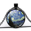 Detailed view of Van Gogh Starry Night glass gem pendant with black metal chain necklace - Starry Night Art Style (JY005164-11)