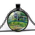 Detail of artistic round pendant showing a colorful Monet Japanese Bridge glass dome - Japanese Bridge Art Style (JY005164-12)