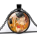 Detailed macro view of black vintage necklace pendant featuring The Kiss art glass cabochon - Artistic Kiss Style (JY005164-14)