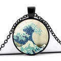 Close-up of circular glass pendant with Great Wave art and black metal chain - Great Wave Art Style (JY005164-15)