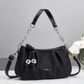 Elegant black pleated cloud bag with silver chain and floral decorative background - Black