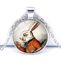 Detailed view of vintage silver Alice in Wonderland white rabbit glass pendant necklace - Alice White Rabbit Style (JY005170-5)