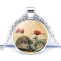 Detail of silver owl necklace with hedgehog and red poppy flower illustration pendant - Hedgehog Fish Tank Style (JY005170-6)