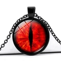 Macro detail of round dragon eye glass pendant with a red vertical pupil and black chain - Red Dragon Eye Style (JY005360-3)