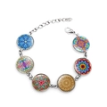 Detail of silver yoga mandala bracelet featuring six colorful glass crystal cabochons - Painted Floral Pattern (JY005270-6)
