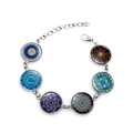 Bohemian silver mandala bracelet with blue glass cabochons and adjustable lobster clasp - Dark Blue Brown Mandala Pattern (JY005270-8)