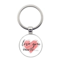 Detail showing round metal keychain with pink heart pattern and Love You More text - Love You More Pink Heart (JY005472-8)