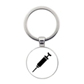 Detail of silver alloy keychain featuring a black syringe silhouette on a round pendant - Black Syringe Silhouette (JY005472-11)
